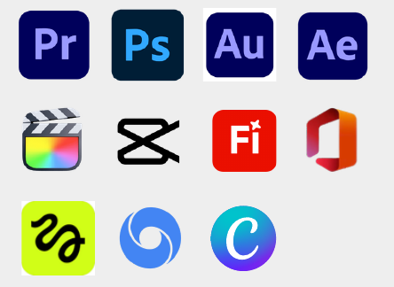 Software toolkit: Adobe Premiere Pro, Photoshop, Audition, After Effects, Final Cut Pro, CapCut, Microsoft Office, Canva and more
